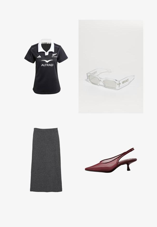 Mörkgrå stickad tröja med V-hals, med korta ärmar över en vit skjortkrage. Texturen är ribbad, med en lagerlook.; Svart rugbytröja med vit krage, som har "All Blacks"-logotypen, texten "ALTRAD" och Adidas-logotypen på framsidan. Kortsleeve, slät tyg.; Grå ull maxikjol med rak skärning och elastisk midja, med en mjuk textur och en slät yta. Inga synliga mönster eller detaljer.; Burgundy slingback-pumps med spetsig tå och överdel i mesh. Har en smal klack och skärmdesign som ger en elegant silhuett.; Klart plastsolglasögon med grå linser, rektangulär form, präglad "Versace"-logotyp på skalmarna, som visar en modern design.