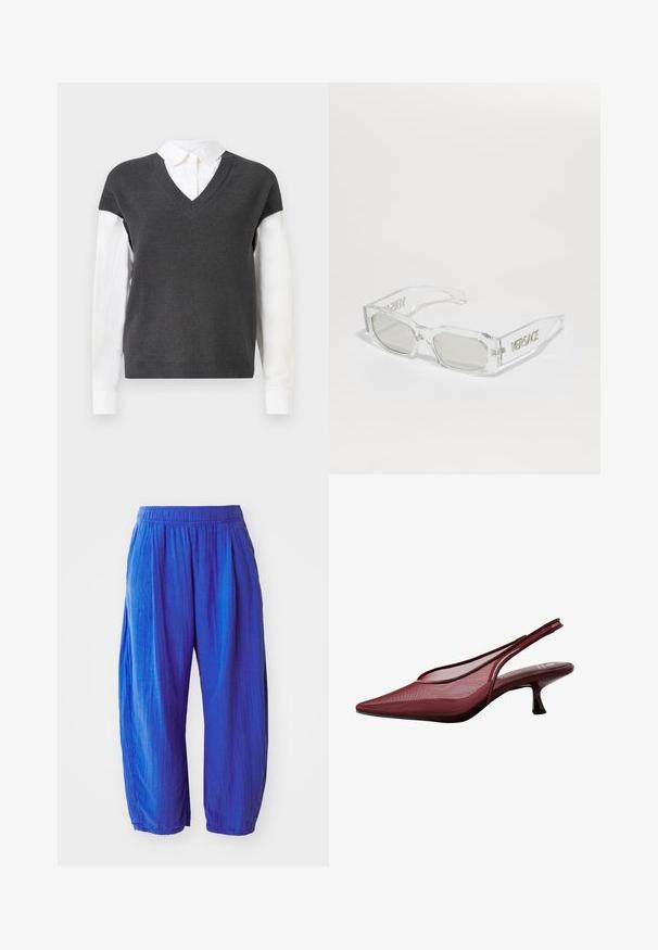 Tamsiai pilka megzta pūkinė su V formos iškirpte, turinti trumpas rankoves virš baltos marškinėlių. Tekstūra yra raukšlėta, su sluoksniuotu įvaizdžiu.; GAP WIDE LEG EASY PANT GAUZE - Kelnės - dazzling blue; Bordo slingback aukštakulniai bateliai su smailiu pirštu ir tinklo viršumi. Ypatingas plonas kulnas ir išpjovimo dizainas suteikia elegantišką siluetą.; Permatomos plastikiniai saulės akiniai su pilkais lęšiais, stačiakampio formos, su iškilų "Versace" logotipu ant šventyklų, pabrėžiantys modernų dizainą.