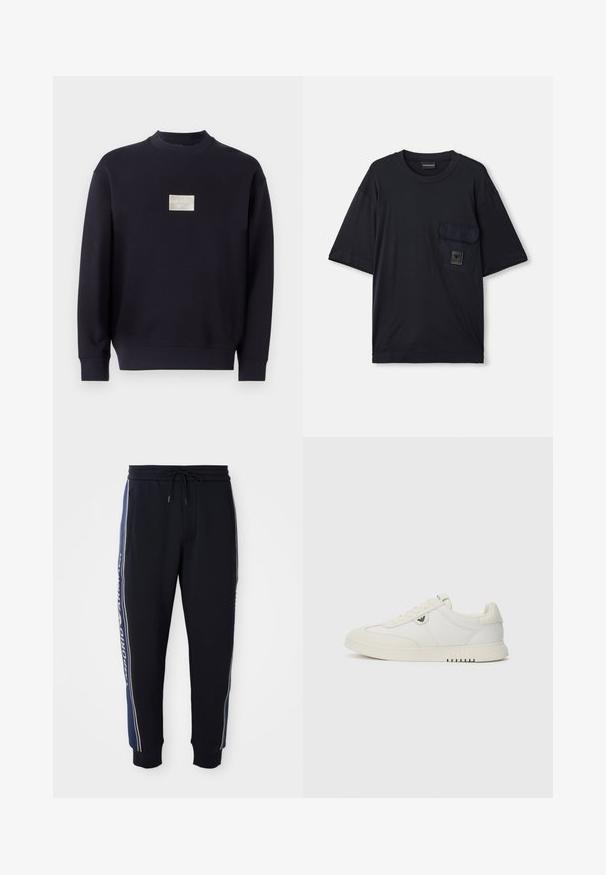 Svetari mornarsko plave boje izrađen od mekanog pamuka, s okruglim izrezom, dugim rukavima i malim srebrnim logotipom na prednjoj strani.; Mustat lyhyet hihat t-paita, jossa on pyöreä kaula-aukko ja vasemmassa rinnassa läppätasku, jossa on pieni suorakaiteen muotoinen logopatch.; Mustat collegehousut, joissa on siniset sivuhihnat, joustava vyötärö naruilla, sivutaskut ja ribbaatut nilkkakumit.; Matala valkoinen tennari, jossa on nauhakiristys, sileä pohja ja pieni metallinen logo sivussa, esitettynä yksinkertaista taustaa vasten.