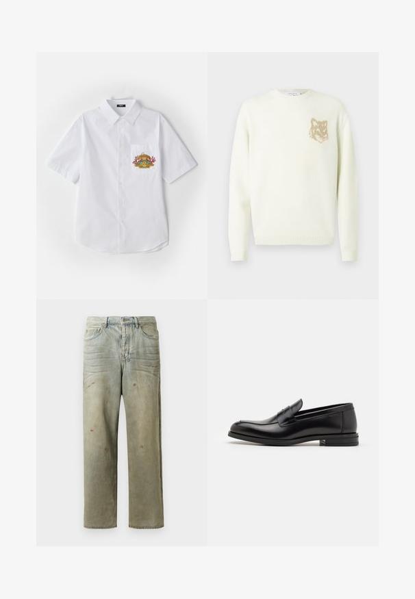 Kreemist värvi ümarakaelusega sviiter pika varrukaga, vasakul rinnal väikese beeži rebasespea graafikuga, soonikkoes varrukate ja äärtega.; Valge lühikeste varrukatega nööbiga särk, millel on krae ja vasakul rinna taskul värvikas tikand.; Karmiinroheline kulunud denim teksapüksid, millel on sirge jalg, viie taskuga disain ning ebaühtlane pleekimine koos värvikrõpsudega.; Mustad mustad nahast loafers sileda tekstuuriga, ümarat ninaosa ja dekoratiivne riba vampi üle. Madal kihiline konts, minimalistlik disain.