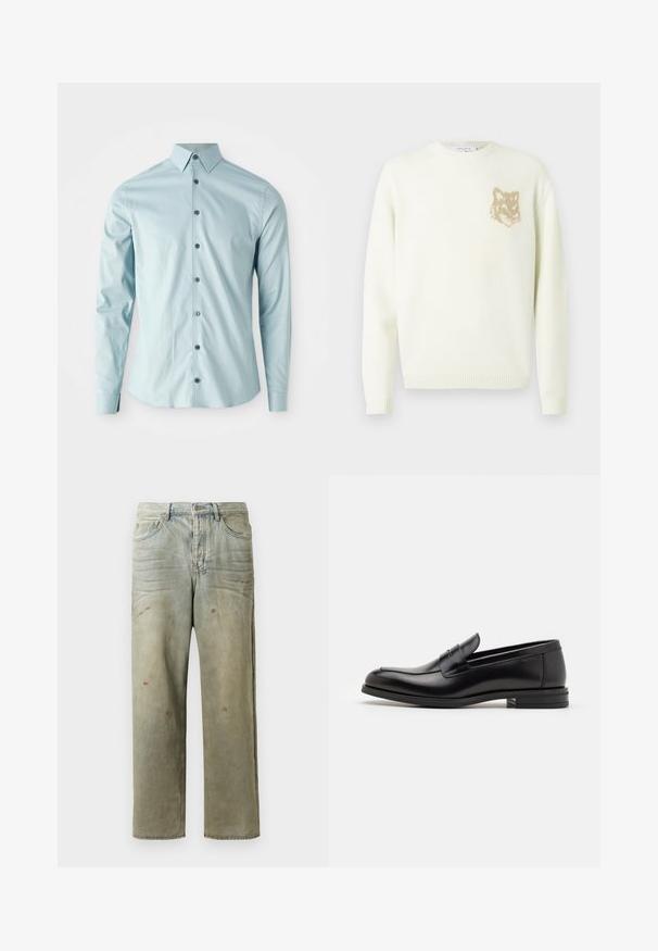 Krémový sveter s okrúhlym výstrihom, dlhými rukávmi a malou béžovou grafikou líšky na ľavej hrudi, s rebrovanými manžetami a lemovaním.; Svetlomodrá košeľa s dlhým rukávom vyrobená z hladkej textílie, ktorá má špicatý golier a šesť tmavých gombíkov na prednej strane.; Zničené džínsy vo svetlozelenej farbe s rovnými nohavicami, piatimi vreckami a nerovnomerným vyblednutím so škvrnami od farby.; Čierne kožené mokasíny s hladkou textúrou, zaoblenou špičkou a dekoračným pásikom cez priehlavok. Nízky vrstvený opätok, minimalistický dizajn.