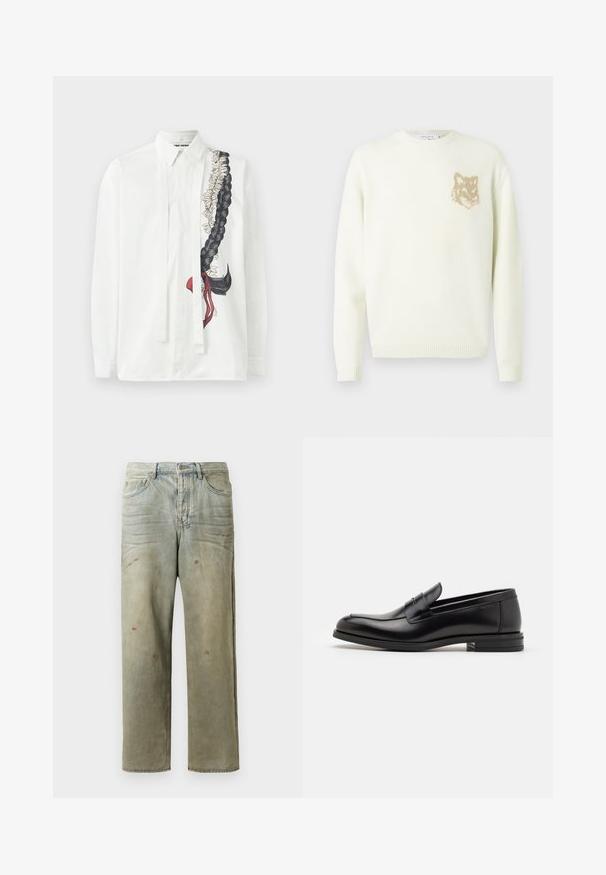 Krémový svetr s kulatým výstřihem a dlouhými rukávy, s malou béžovou grafikou hlavy lišky na levé straně hrudníku, s žebrovanými manžetami a spodním lemem.; Bílá košile s dlouhými rukávy s černým copem a květinovým vzorem v tlumených tónech, s tenkými šňůrkami podél předního zapínání.; Odstřižené džíny v světle zelené barvě, se rovnými nohavicemi, pěti kapsami a nerovnoměrným vyblednutím s barevnými skvrnami.; Černé kožené polobotky s hladkou texturou, zaoblenou špičkou a zdobným páskem přes nárt. Nízký stohovaný podpatek, minimalistický design.