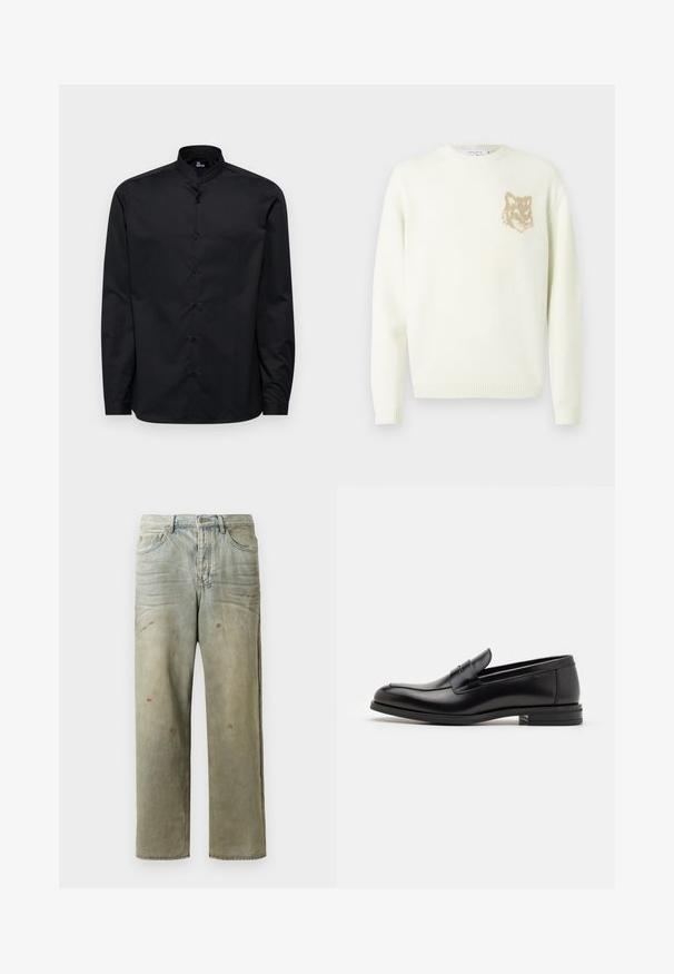 Krémový svetr s kulatým výstřihem a dlouhými rukávy, s malou béžovou grafikou hlavy lišky na levé straně hrudníku, s žebrovanými manžetami a spodním lemem.; Černá dlouhá rukávová košile s mandarínským límcem, zapínáním na knoflíky v přední části a hladkým bavlněným povrchem. Žádné vzory ani další akcenty nejsou viditelné.; Odstřižené džíny v světle zelené barvě, se rovnými nohavicemi, pěti kapsami a nerovnoměrným vyblednutím s barevnými skvrnami.; Černé kožené polobotky s hladkou texturou, zaoblenou špičkou a zdobným páskem přes nárt. Nízký stohovaný podpatek, minimalistický design.