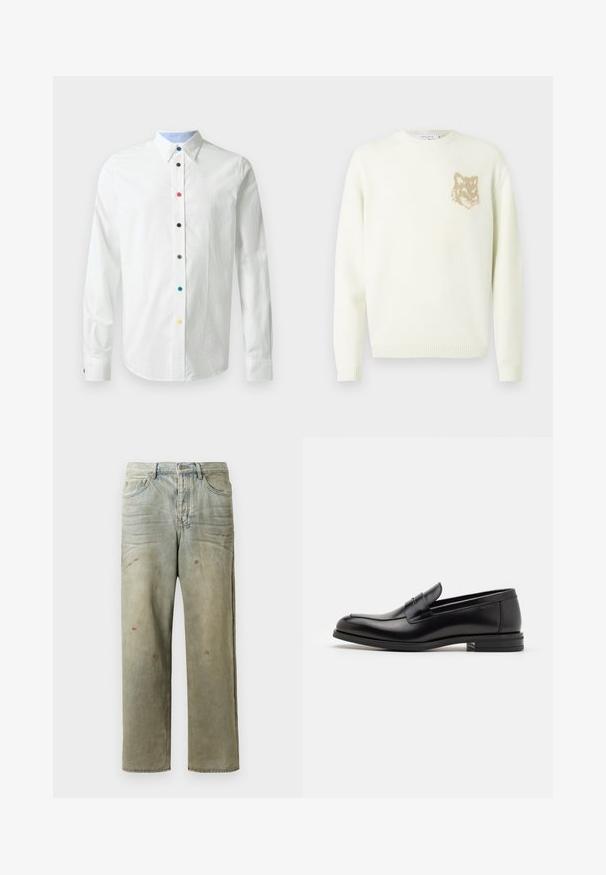 Cremfarbener Pullover mit Rundhalsausschnitt, langen Ärmeln und kleinem, beigen Fuchskopf-Graphic auf der linken Brust, gerippte Bündchen und Saum.; Weißes Langarmhemd mit Button-Down-Kragen, ausgestattet mit mehrfarbigen Knöpfen entlang der Vorderseite und einem hellblauen Innenkragenfutter.; Distressed Denim-Jeans in Hellgrün, mit geradem Bein, Fünf-Taschen-Design und ungleichmäßiger Ausbleichung sowie Farbspritzern.; Schwarze Lederloafers mit glatter Textur, rundem Zehenbereich und einem dekorativen Riemen über dem Vorderfuß. Niedriger, gestapelter Absatz, minimalistisches Design.