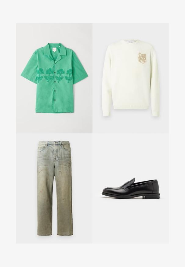 Cream crewneck sweater with long sleeves and small beige fox head graphic on the left chest, ribbed cuffs and hem.; Short-sleeve green shirt made of soft fabric, featuring floral embroidery in dark green across the front, button closure, and classic collar.; Distressed denim jeans in light green, featuring a straight leg, five-pocket design, and uneven fading with paint splatters.; Black leather loafers with a smooth texture, rounded toe, and a decorative strap across the vamp. Low stacked heel, minimalist design.