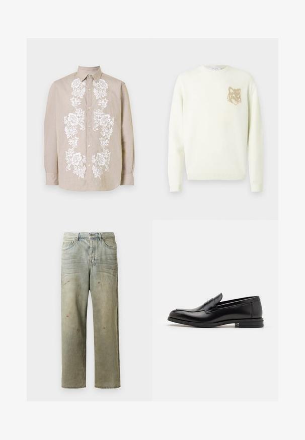 Grietos spalvos megztinis su ilgomis rankovėmis ir mažo smėlio šviesumo lapės galvos grafika ant kairiojo krūtinės, su raibais rankogaliais ir apatine dalimi.; Šviesiai smėlinis mygtukinis marškinis su baltais gėlių siuvinėjimais priekyje. Turi klasikinį apykaklę ir ilgomis rankovėmis su mygtukais.; Šviesiai žaliai nuvarytos džinsinės kelnes, su tiesiomis kojomis, penkių kišenių dizainu, nelygiai blukščiantis ir su dažų lašeliais.; Juodos odinės loafers, turinčios lygų paviršių, apvalią noselę ir dekoratyvinę juostą per priekinę dalį. Žemas krentantis kulnas, minimalistinis dizainas.