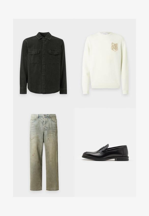 Kreemist värvi ümarakaelusega sviiter pika varrukaga, vasakul rinnal väikese beeži rebasespea graafikuga, soonikkoes varrukate ja äärtega.; Tumedat rohelised nööbitavad särk, mis on valmistatud pehmest kangast, kaelusega, kahe rinnataskuga, pikkade varrukatega ja sirge äärega.; Karmiinroheline kulunud denim teksapüksid, millel on sirge jalg, viie taskuga disain ning ebaühtlane pleekimine koos värvikrõpsudega.; Mustad mustad nahast loafers sileda tekstuuriga, ümarat ninaosa ja dekoratiivne riba vampi üle. Madal kihiline konts, minimalistlik disain.