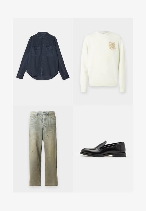 Cream crewneck sweater with long sleeves and small beige fox head graphic on the left chest, ribbed cuffs and hem.; Dark blue denim shirt with a button-up front, pointed collar, two chest pockets, and long sleeves featuring buttoned cuffs.; Distressed denim jeans in light green, featuring a straight leg, five-pocket design, and uneven fading with paint splatters.; Black leather loafers with a smooth texture, rounded toe, and a decorative strap across the vamp. Low stacked heel, minimalist design.