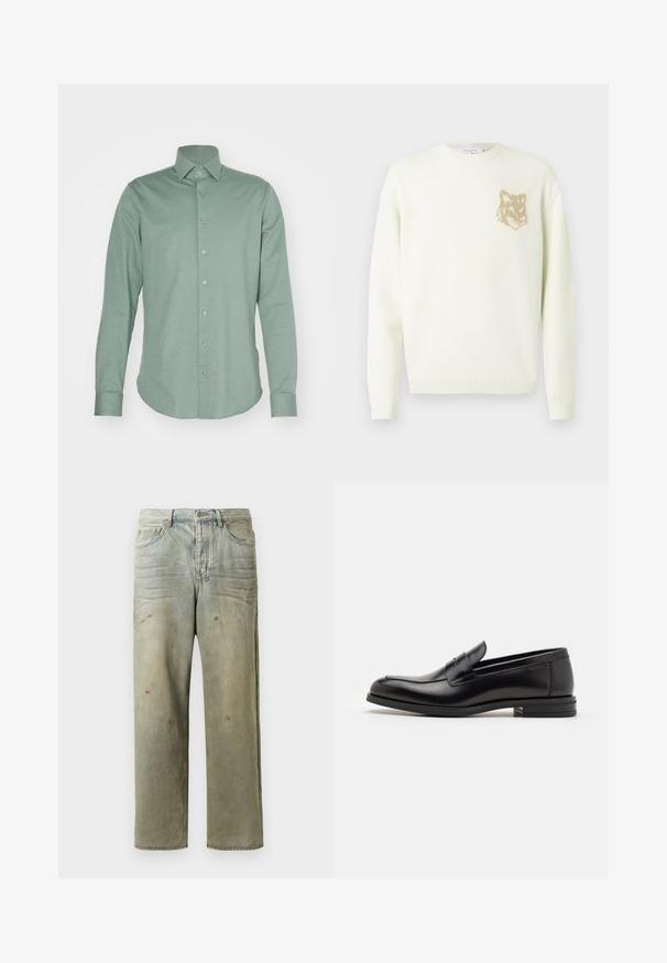 Cremfarbener Pullover mit Rundhalsausschnitt, langen Ärmeln und kleinem, beigen Fuchskopf-Graphic auf der linken Brust, gerippte Bündchen und Saum.; Helles grünes langärmliges Hemd mit Knopfverschluss aus einem glatten Stoff. Verfügt über einen klassischen Kragen und eine knopfseitige Front mit sieben sichtbaren Knöpfen.; Distressed Denim-Jeans in Hellgrün, mit geradem Bein, Fünf-Taschen-Design und ungleichmäßiger Ausbleichung sowie Farbspritzern.; Schwarze Lederloafers mit glatter Textur, rundem Zehenbereich und einem dekorativen Riemen über dem Vorderfuß. Niedriger, gestapelter Absatz, minimalistisches Design.