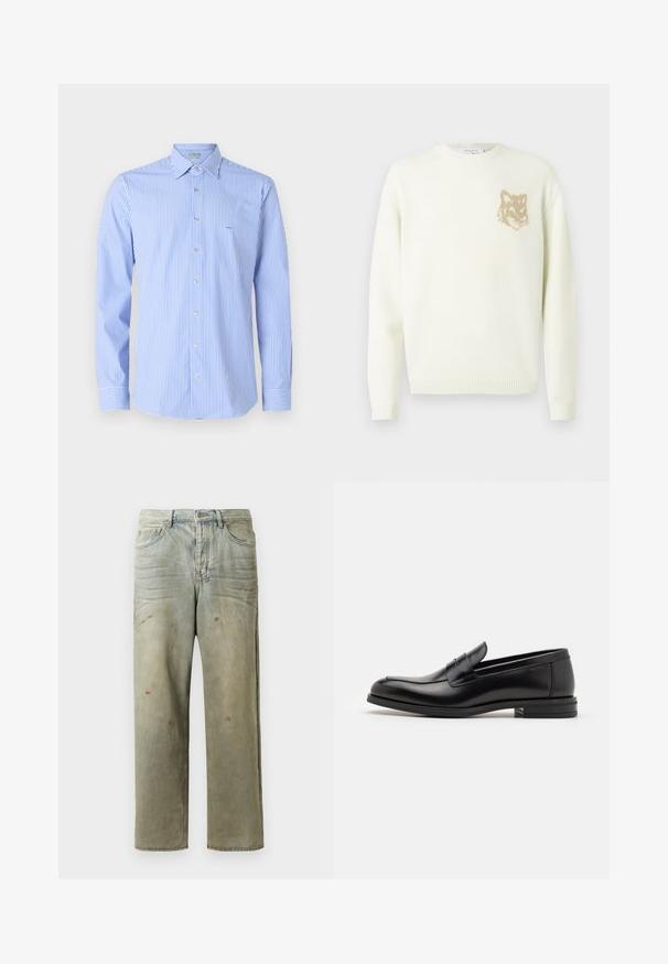 Cremefarvet crewneck sweater med lange ærmer og et lille beige rævehovedgrafik på venstre bryst, ribbede manchetter og kant.; Stribet skjorte med lodrette lyseblå og hvide striber, skjortekrave, lange ærmer og lille logo på brystet.; Slidte denimjeans i lysegrøn med lige ben, femlommerdesign og ujævn falming med malersplatter.; Sorte læderloafers med en glat overflade, rund tå og en dekorativ strop over vampen. Lav hæl med stabeldesign, minimalistisk stil.