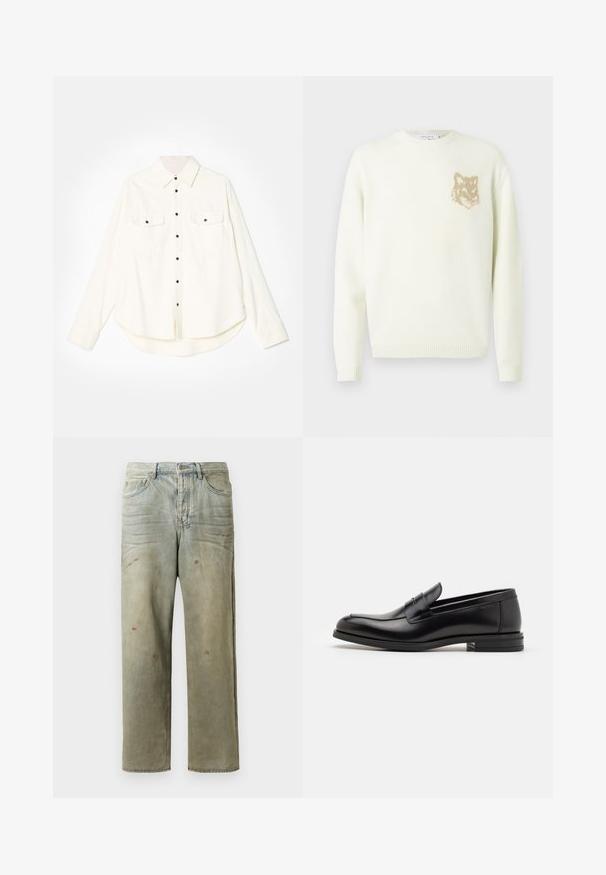 Maglione crema a girocollo con maniche lunghe e piccola grafica di testa di volpe beige a sinistra sul petto, polsini e orlo a costine.; Camicia bianca con bottoni, maniche lunghe, due tasche sul petto, bottoni neri e orlo curvo. Realizzata in un tessuto morbido e testurizzato.; Jeans in denim strappato di colore verde chiaro, con gamba dritta, design a cinque tasche, sbiaditure irregolari e schizzi di vernice.; Mocassini neri in pelle con una texture liscia, punta arrotondata e una striscia decorativa sulla tomaia. Tacco basso impilato, design minimalista.