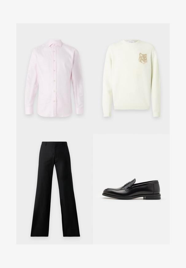Krémový svetr s kulatým výstřihem a dlouhými rukávy, s malou béžovou grafikou hlavy lišky na levé straně hrudníku, s žebrovanými manžetami a spodním lemem.; Růžová košile s dlouhým rukávem vyrobená z hladké látky; má zapínání na knoflíky s bílými knoflíky a klasický límec.; Černé široké kalhoty vyrobené z hladkého materiálu. Mají středně vysoký pas a přední sklady, které nabízejí upravený siluetu.; Černé kožené polobotky s hladkou texturou, zaoblenou špičkou a zdobným páskem přes nárt. Nízký stohovaný podpatek, minimalistický design.