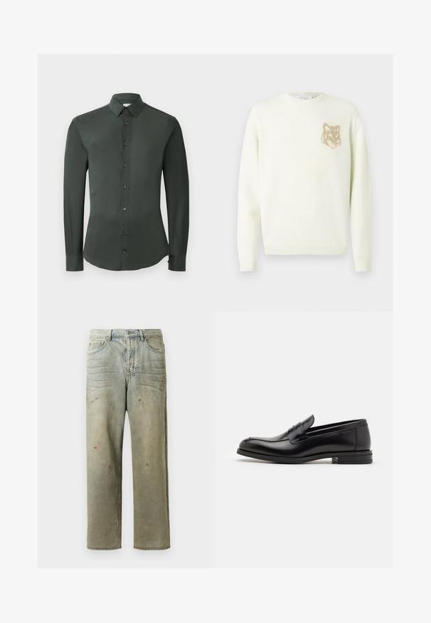 Grietos spalvos megztinis su ilgomis rankovėmis ir mažo smėlio šviesumo lapės galvos grafika ant kairiojo krūtinės, su raibais rankogaliais ir apatine dalimi.; Tamsiai žalia ilgomis rankovėmis palaidinė su klasikiniu apykakle, priekyje užsegama mygtukais bei lygaus audinio tekstūra. Yra mygtukais užsegami rankogaliai ir pritaikytas siluetas.; Šviesiai žaliai nuvarytos džinsinės kelnes, su tiesiomis kojomis, penkių kišenių dizainu, nelygiai blukščiantis ir su dažų lašeliais.; Juodos odinės loafers, turinčios lygų paviršių, apvalią noselę ir dekoratyvinę juostą per priekinę dalį. Žemas krentantis kulnas, minimalistinis dizainas.