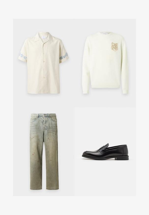 Kerman kauluspaita, jossa on pitkät hihat ja pieni beige fox-pääkuva vasemmassa rinnassa, ribbaatut hihansuut ja helma.; Lyhythihainen, vaalean beige paita pehmeästä kankaasta, jossa on sinisiä kukkakirjontoja hihoissa ja napitettu etuosa.; Vaaleanvihreät kulutetut farkut suoran lahkeen, viiden taskun muotoilun ja epätasaisen haalistumisen sekä maalikohoumiin kanssa.; Mustat nahkakengät, joissa on sileä pinta, pyöreä kärki ja koristeellinen nauha jalkapöydän yli. Matala pinoitu koroke, minimalistinen muotoilu.