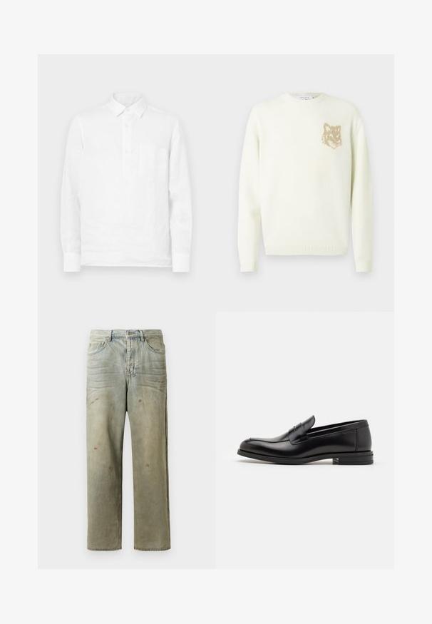 Pulover crem cu guler rotund, cu maneci lungi și un mic grafic cu cap de vulpe bej pe pieptul stâng, cu mansete și tiv din material ribat.; Cămașă albă din in cu mâneci lungi, cu placket butonat și un buzunar pe piept, având o textură netedă și un design clasic al gulerului.; Tricou negru cu mânecă scurtă și guler rotund, având un mic logo brodat cu o vulpe portocalie pe partea stângă a pieptului.; Jeans din denim uzat, de culoare verde deschis, cu un croi drept, design cu cinci buzunare, și decolorare inegală cu stropi de vopsea.; Mocasini din piele neagră cu o textură netedă, vârf rotund și o curea decorativă peste partea superioară. Toc mic, design minimalist.