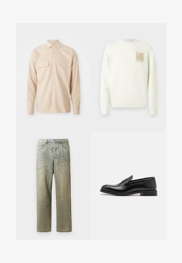 Krémový svetr s kulatým výstřihem a dlouhými rukávy, s malou béžovou grafikou hlavy lišky na levé straně hrudníku, s žebrovanými manžetami a spodním lemem.; Béžová košile s dlouhými rukávy vyrobená z tkané látky, která má dvě náprsní kapsy, špičatý límec a zapínání na knoflíky vpředu. Hladká textura.; Odstřižené džíny v světle zelené barvě, se rovnými nohavicemi, pěti kapsami a nerovnoměrným vyblednutím s barevnými skvrnami.; Černé kožené polobotky s hladkou texturou, zaoblenou špičkou a zdobným páskem přes nárt. Nízký stohovaný podpatek, minimalistický design.