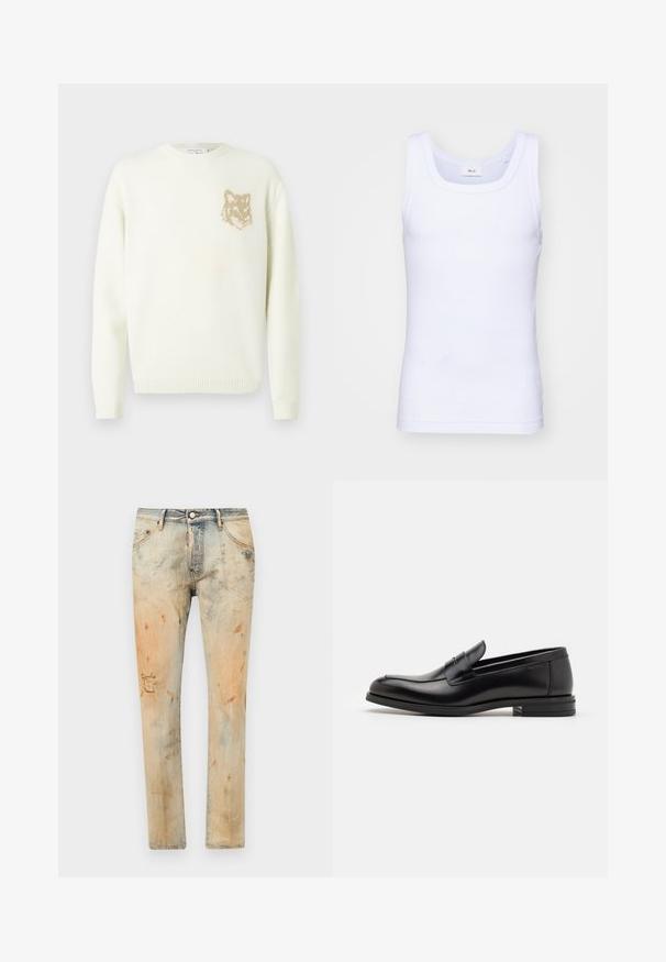 Világos krém színű crewneck pulóver hosszú ujjakkal, bal mellrészen egy kis bézs színű rókafej grafikával, bordás mandzsettákkal és aljjal.; Fehér pamut ujjatlan trikó kerek nyakkivágással, sima textúrával és testhezálló fazonnal, amelyet hétköznapi viseletre terveztek.; Fakó kék farmernadrág, kopott megjelenéssel, foltokkal és egy térden lévő szakítással. Klasszikus öt zsebes kialakítás, fém gombzárral.; Fekete bőr loaferek sima textúrával, kerek orral és dekoratív pánttal a vampnál. Alacsony, rétegelt sarkú, minimalista dizájn.