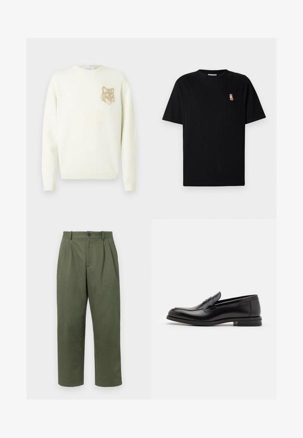 Cream crewneck sweater with long sleeves and small beige fox head graphic on the left chest, ribbed cuffs and hem.; Black short-sleeve crew neck t-shirt with small embroidered orange fox logo on left chest.; Olive green, pleated trousers made of smooth fabric. Features a button closure, belt loops, and tapered leg openings for a modern fit.; Black leather loafers with a smooth texture, rounded toe, and a decorative strap across the vamp. Low stacked heel, minimalist design.