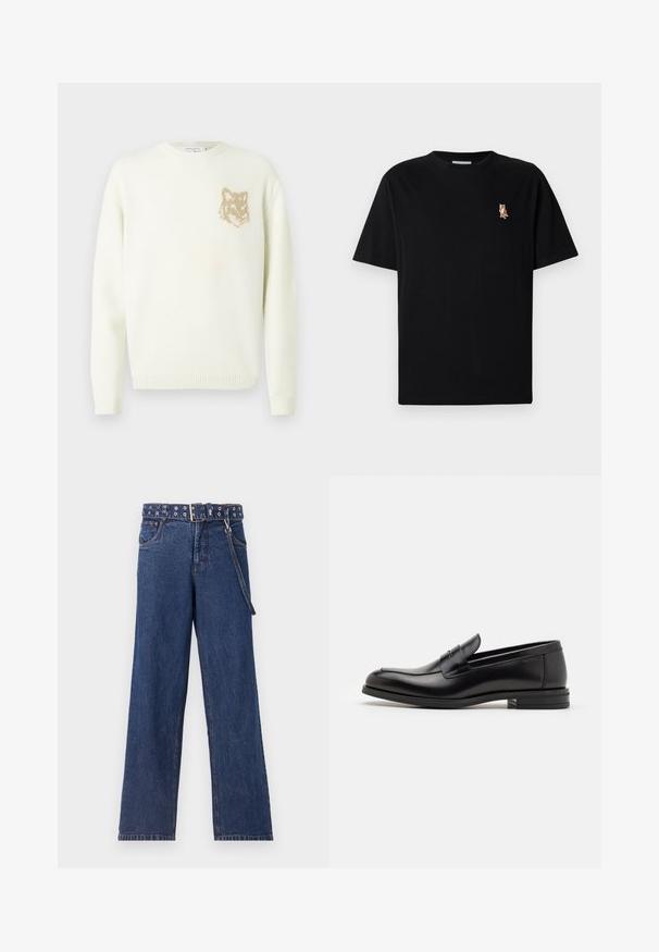 Grietos spalvos megztinis su ilgomis rankovėmis ir mažo smėlio šviesumo lapės galvos grafika ant kairiojo krūtinės, su raibais rankogaliais ir apatine dalimi.; Juoda trumpomis rankovėmis apvalaus kaklo marškinėliai su maža išsiuvinėta oranžine lapės logo kairėje krūtinės pusėje.; Tamsiai mėlyni džinsai su tiesiu kirpimu, su raštuota diržu, turinčiu metalinius akliukus, ir atitinkamu diržo kilpeliu.; Juodos odinės loafers, turinčios lygų paviršių, apvalią noselę ir dekoratyvinę juostą per priekinę dalį. Žemas krentantis kulnas, minimalistinis dizainas.