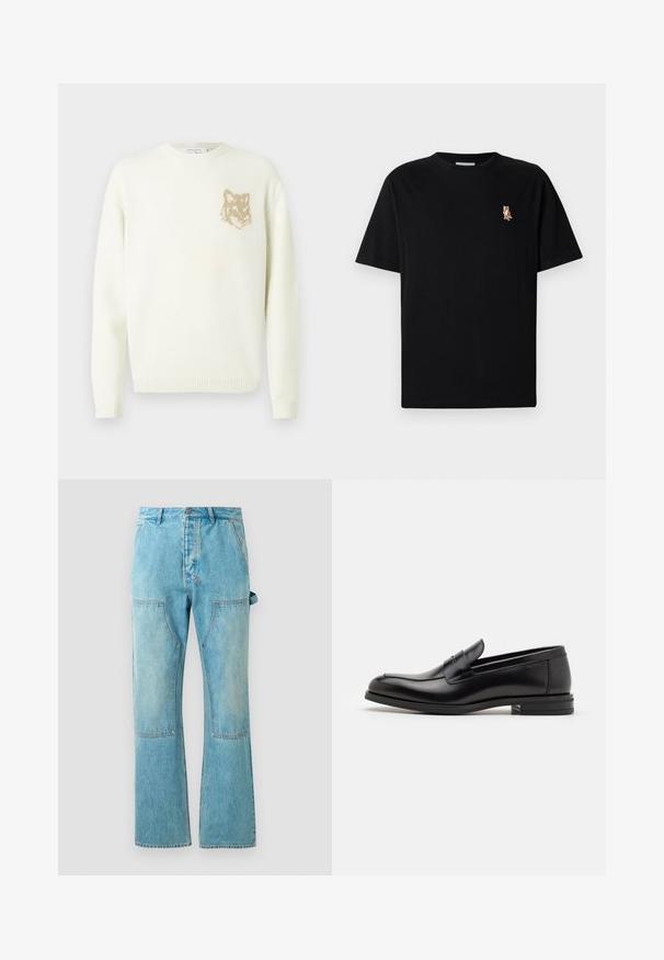 Cremefarvet crewneck sweater med lange ærmer og et lille beige rævehovedgrafik på venstre bryst, ribbede manchetter og kant.; Sort kortærmet T-shirt med rund hals og lille broderet orange ræv logo på venstre bryst.; Lyseblå denim jeans med flared ben, der har kontrasterende patchwork-paneler, frontlommer og en knaplukning i taljen.; Sorte læderloafers med en glat overflade, rund tå og en dekorativ strop over vampen. Lav hæl med stabeldesign, minimalistisk stil.