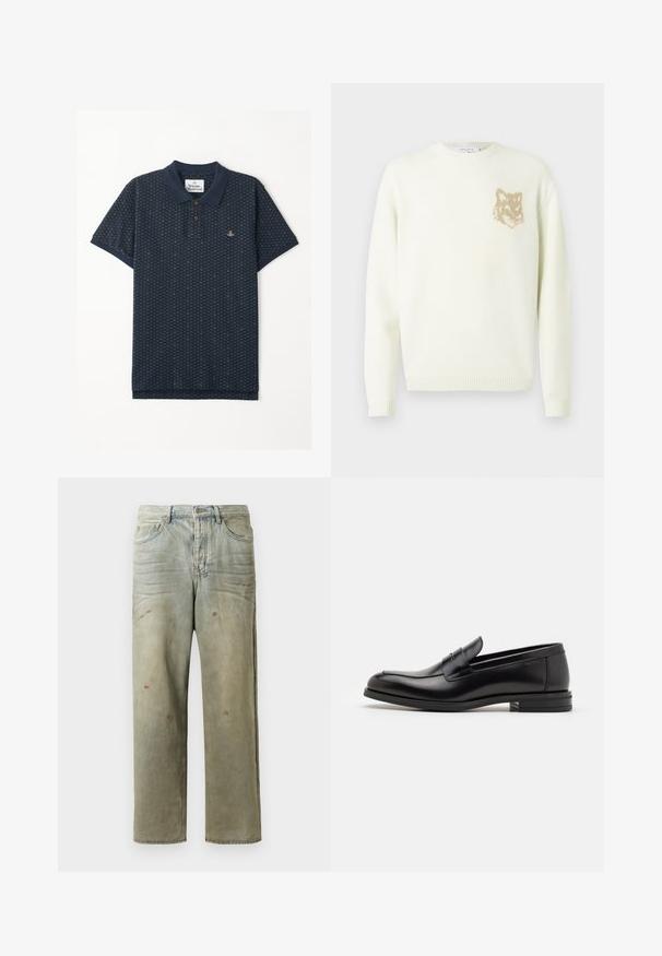 Krémový svetr s kulatým výstřihem a dlouhými rukávy, s malou béžovou grafikou hlavy lišky na levé straně hrudníku, s žebrovanými manžetami a spodním lemem.; Námořnická polo košile s krátkým rukávem, zdobená geometrickým vzorem a třemi hnědými knoflíky na límci. Malé vyšívané logo na hrudi.; Odstřižené džíny v světle zelené barvě, se rovnými nohavicemi, pěti kapsami a nerovnoměrným vyblednutím s barevnými skvrnami.; Černé kožené polobotky s hladkou texturou, zaoblenou špičkou a zdobným páskem přes nárt. Nízký stohovaný podpatek, minimalistický design.