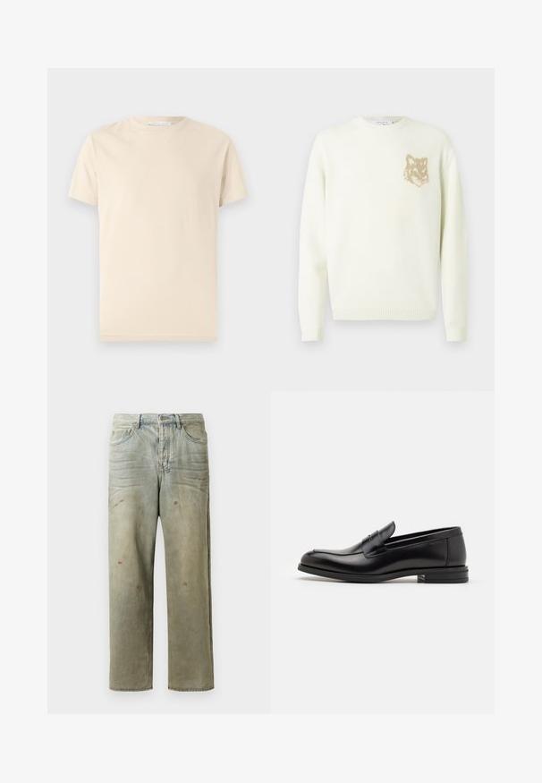 Cremefarvet crewneck sweater med lange ærmer og et lille beige rævehovedgrafik på venstre bryst, ribbede manchetter og kant.; Beige bomulds t-shirt med rund hals og korte ærmer. Glat tekstur uden mønstre eller grafik. Enkel, klassisk design.; Slidte denimjeans i lysegrøn med lige ben, femlommerdesign og ujævn falming med malersplatter.; Sorte læderloafers med en glat overflade, rund tå og en dekorativ strop over vampen. Lav hæl med stabeldesign, minimalistisk stil.
