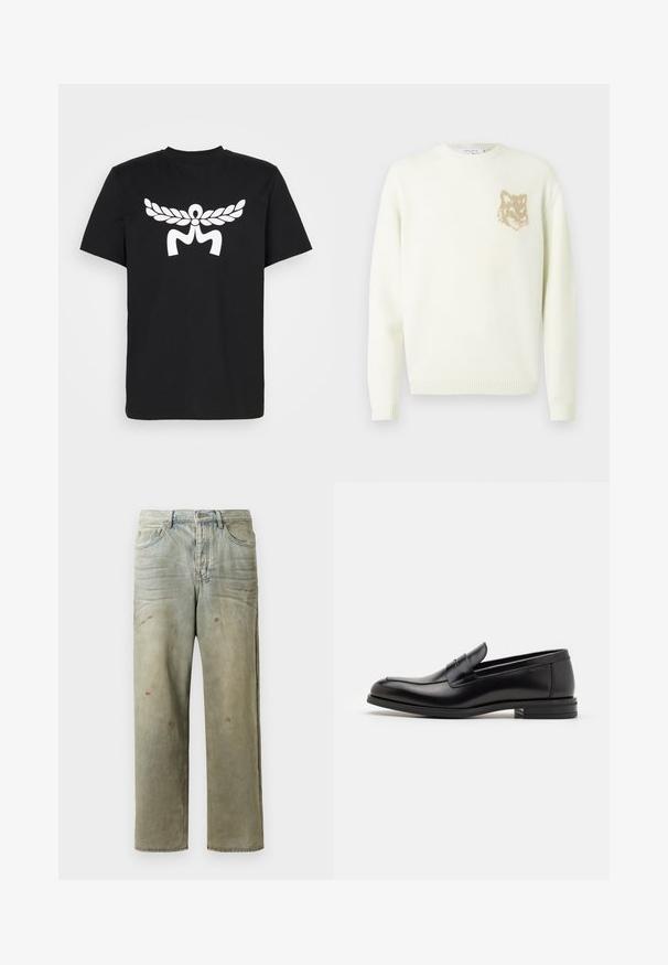 Cremefarvet crewneck sweater med lange ærmer og et lille beige rævehovedgrafik på venstre bryst, ribbede manchetter og kant.; Sort t-shirt lavet af bomuld, med et stort hvidt grafisk motiv af en laurbærkrans og abstrakte former på forsiden. Korte ærmer og rund hals.; Slidte denimjeans i lysegrøn med lige ben, femlommerdesign og ujævn falming med malersplatter.; Sorte læderloafers med en glat overflade, rund tå og en dekorativ strop over vampen. Lav hæl med stabeldesign, minimalistisk stil.