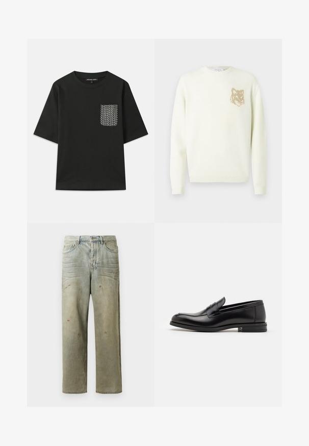 Kremowy sweter z okrągłym dekoltem, z długimi rękawami oraz małą grafiką beżowej głowy lisa po lewej stronie klatki piersiowej, z ribbowanymi mankietami i dołem.; Czarna bawełniana koszulka z okrągłym dekoltem i krótkimi rękawami. Posiada wzorzystą kieszonkę po lewej stronie z białymi geometrycznymi wzorami.; Zniszczone dżinsy w jasnym zielonym kolorze, z prostymi nogawkami, pięcioma kieszeniami oraz nierównomiernym blaknięciem i plamami farby.; Czarne skórzane mokasyny o gładkiej fakturze, zaokrąglonym nosku i dekoracyjnym pasku na przodzie. Niski, warstwowy obcas, minimalistyczny design.