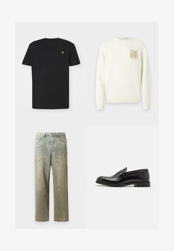 Kremkrāsas džemperis ar garām piedurknēm un mazu beigu brūnu lāču galvas grafiku kreisajā krūtīs, ribotām piedurknēm un apakšmalu.; Melna kokvilnas T-kreklu ar apaļu kakla izgriezumu, īsām piedurknēm un nelielu, krāsainu izšuvumu kreisajā krūšu daļā.; Izsistās džinsās gaisā zaļā krāsā, ar taisnu kāju, piecu kabatu dizainu un nevienmērīgu izbalēšanu, kā arī krāsas šļakatas.; Melnas ādas kurpes ar gludu tekstūru, noapaļu purngalu un dekoratīvu siksniņu pāri priekšpusei. Zems sakrauts papēdis, minimālisma dizains.