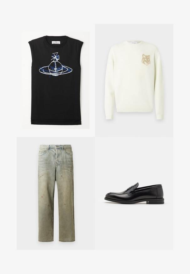 Pulover crem cu guler rotund, cu maneci lungi și un mic grafic cu cap de vulpe bej pe pieptul stâng, cu mansete și tiv din material ribat.; Top negru fără mâneci, cu un design grafic alb și albastru reprezentând o figură asemănătoare unei planete cu inele și elemente de satelit. Material din bumbac moale.; Jeans din denim uzat, de culoare verde deschis, cu un croi drept, design cu cinci buzunare, și decolorare inegală cu stropi de vopsea.; Mocasini din piele neagră cu o textură netedă, vârf rotund și o curea decorativă peste partea superioară. Toc mic, design minimalist.