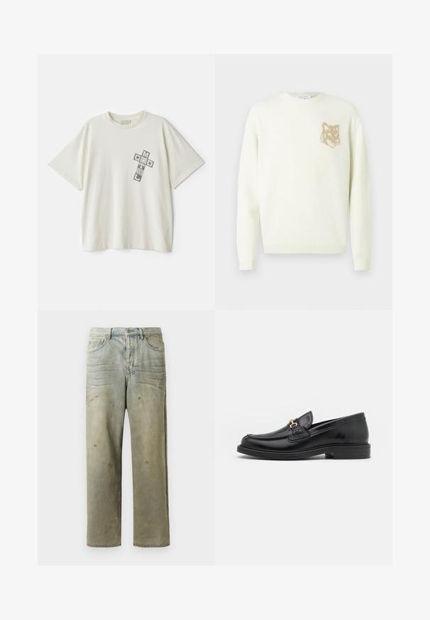 Cream crewneck sweater with long sleeves and small beige fox head graphic on the left chest, ribbed cuffs and hem.; Cream-colored cotton t-shirt with short sleeves; features a graphic print saying "MOTEL" and "GOD" in a cross arrangement on the left chest.; Distressed denim jeans in light green, featuring a straight leg, five-pocket design, and uneven fading with paint splatters.; Black leather loafers with a rounded toe, featuring gold hardware accent and stitching detail, set on a low, textured rubber sole.