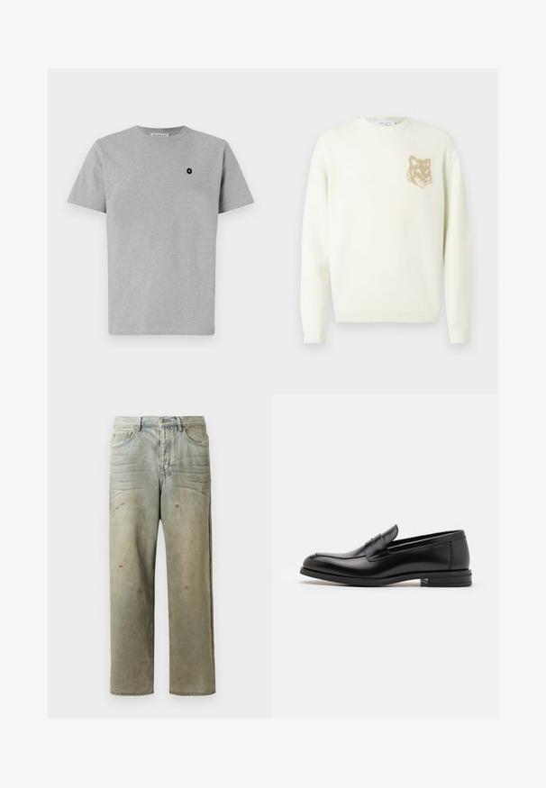 Grietos spalvos megztinis su ilgomis rankovėmis ir mažo smėlio šviesumo lapės galvos grafika ant kairiojo krūtinės, su raibais rankogaliais ir apatine dalimi.; Pilkas medvilninis marškinėliai su apvalia iškirpte, trumpomis rankovėmis ir juodu logotipo pleistro, vaizduojančio pliuso ženklą, kairiajame krūtinės srityje.; Šviesiai žaliai nuvarytos džinsinės kelnes, su tiesiomis kojomis, penkių kišenių dizainu, nelygiai blukščiantis ir su dažų lašeliais.; Juodos odinės loafers, turinčios lygų paviršių, apvalią noselę ir dekoratyvinę juostą per priekinę dalį. Žemas krentantis kulnas, minimalistinis dizainas.