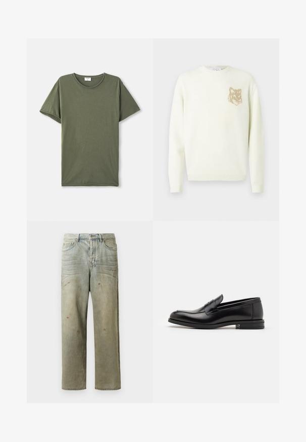 Krémový svetr s kulatým výstřihem a dlouhými rukávy, s malou béžovou grafikou hlavy lišky na levé straně hrudníku, s žebrovanými manžetami a spodním lemem.; Jednoduché olivově zelené tričko s krátkým rukávem a kulatým výstřihem položené na bílé pozadí.; Odstřižené džíny v světle zelené barvě, se rovnými nohavicemi, pěti kapsami a nerovnoměrným vyblednutím s barevnými skvrnami.; Černé kožené polobotky s hladkou texturou, zaoblenou špičkou a zdobným páskem přes nárt. Nízký stohovaný podpatek, minimalistický design.