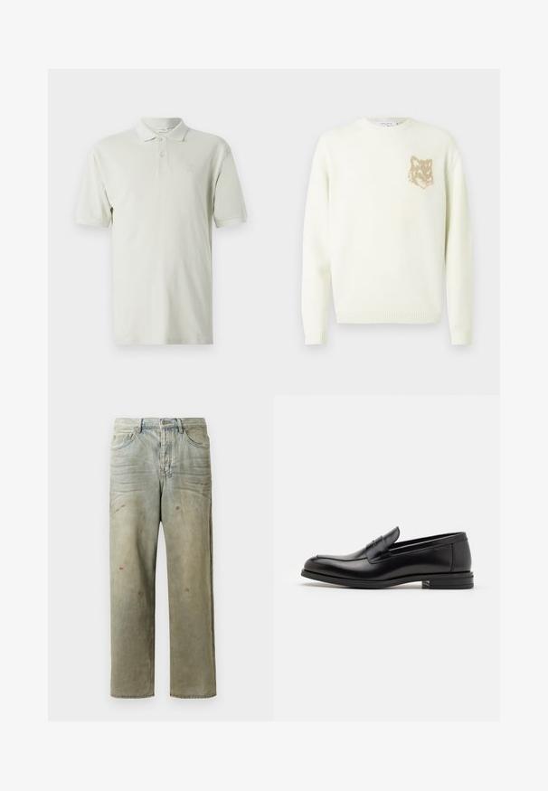 Kreemist värvi ümarakaelusega sviiter pika varrukaga, vasakul rinnal väikese beeži rebasespea graafikuga, soonikkoes varrukate ja äärtega.; Heledbeez polo-särk lühikeste varrukatega, klassikaline krae ja kolme nupuga kinnitamine. Rinna kohal on tagasihoidlik logo tikandina. Veniv puuvillane kangas.; Karmiinroheline kulunud denim teksapüksid, millel on sirge jalg, viie taskuga disain ning ebaühtlane pleekimine koos värvikrõpsudega.; Mustad mustad nahast loafers sileda tekstuuriga, ümarat ninaosa ja dekoratiivne riba vampi üle. Madal kihiline konts, minimalistlik disain.