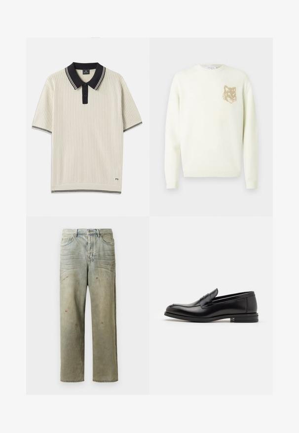 Világos krém színű crewneck pulóver hosszú ujjakkal, bal mellrészen egy kis bézs színű rókafej grafikával, bordás mandzsettákkal és aljjal.; Rövid ujjú pólókrém színben, texturált mintával, fekete gallérral és gombolással, kontrasztos csíkkal. Logo a szegélyen.; Fakó zöld, kopott farmerszadrág, egyenes lábbal, ötk zsebes kialakítással, egyenetlen kopással és festékcseppekkel.; Fekete bőr loaferek sima textúrával, kerek orral és dekoratív pánttal a vampnál. Alacsony, rétegelt sarkú, minimalista dizájn.