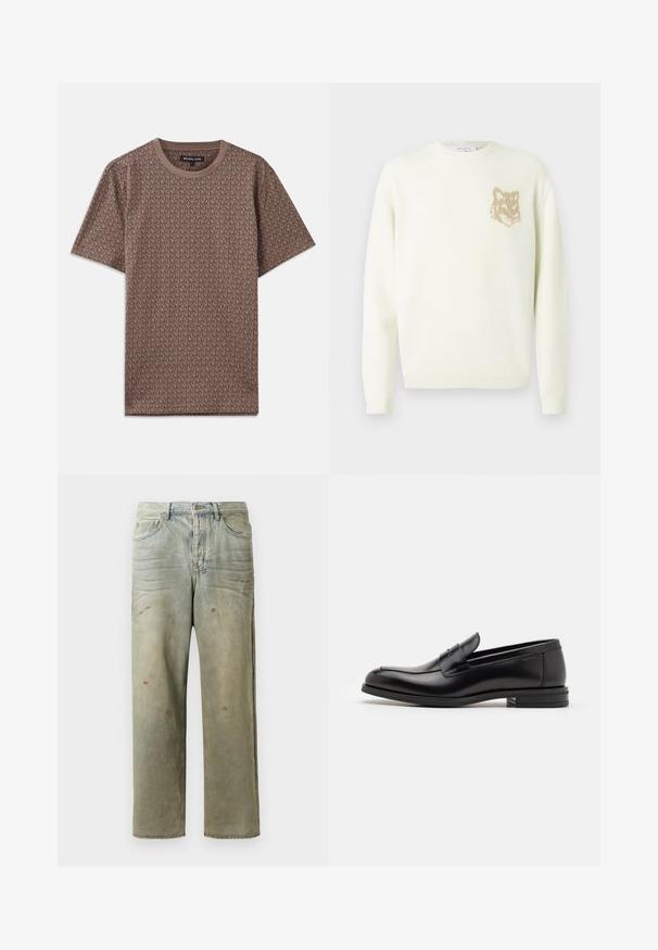 Pulover crem cu guler rotund, cu maneci lungi și un mic grafic cu cap de vulpe bej pe pieptul stâng, cu mansete și tiv din material ribat.; Tricou maro cu mânecă scurtă, decorat cu un model repetitiv al logo-ului MK, cu gât rotund și textură de țesătură moale.; Jeans din denim uzat, de culoare verde deschis, cu un croi drept, design cu cinci buzunare, și decolorare inegală cu stropi de vopsea.; Mocasini din piele neagră cu o textură netedă, vârf rotund și o curea decorativă peste partea superioară. Toc mic, design minimalist.