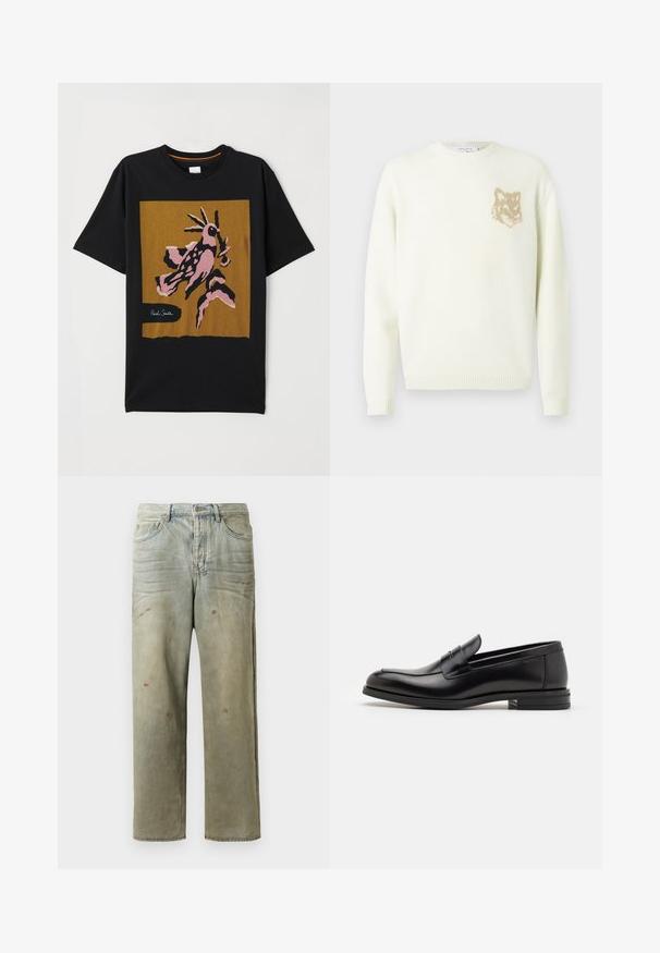 Cream crewneck sweater with long sleeves and small beige fox head graphic on the left chest, ribbed cuffs and hem.; Black cotton T-shirt features a large, abstract pink and brown bird graphic on a gold square, with "Paul Smith" logo in white.; Distressed denim jeans in light green, featuring a straight leg, five-pocket design, and uneven fading with paint splatters.; Black leather loafers with a smooth texture, rounded toe, and a decorative strap across the vamp. Low stacked heel, minimalist design.