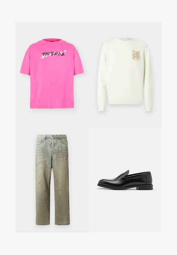 Cremefarvet crewneck sweater med lange ærmer og et lille beige rævehovedgrafik på venstre bryst, ribbede manchetter og kant.; Lys pink kortærmet T-shirt lavet af blødt stof. Har et grafisk print i sort og hvid tekst på forsiden, der står "HVAD ER?"; Slidte denimjeans i lysegrøn med lige ben, femlommerdesign og ujævn falming med malersplatter.; Sorte læderloafers med en glat overflade, rund tå og en dekorativ strop over vampen. Lav hæl med stabeldesign, minimalistisk stil.