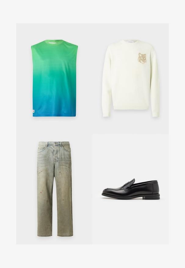 Grietos spalvos megztinis su ilgomis rankovėmis ir mažo smėlio šviesumo lapės galvos grafika ant kairiojo krūtinės, su raibais rankogaliais ir apatine dalimi.; Bežis rankovių marškinėliai su gradientinėmis žalios ir mėlynos spalvų atspalviais. Pagaminti iš glotnaus audinio, turi apvalų iškirpimą ir jokio matomo metalinio apdailos.; Šviesiai žaliai nuvarytos džinsinės kelnes, su tiesiomis kojomis, penkių kišenių dizainu, nelygiai blukščiantis ir su dažų lašeliais.; Juodos odinės loafers, turinčios lygų paviršių, apvalią noselę ir dekoratyvinę juostą per priekinę dalį. Žemas krentantis kulnas, minimalistinis dizainas.