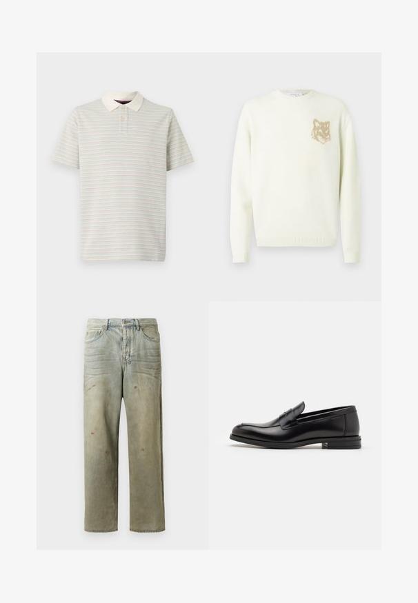 Kerman kauluspaita, jossa on pitkät hihat ja pieni beige fox-pääkuva vasemmassa rinnassa, ribbaatut hihansuut ja helma.; Raidallinen polo-paita vaaleassa beigevässä, jossa on vaaleanpastellin värisiä vaakaraitoja. Sen kaulus on valkoinen ja siinä on kaksinappinen kiinnitys. Lyhyet hihat.; Vaaleanvihreät kulutetut farkut suoran lahkeen, viiden taskun muotoilun ja epätasaisen haalistumisen sekä maalikohoumiin kanssa.; Mustat nahkakengät, joissa on sileä pinta, pyöreä kärki ja koristeellinen nauha jalkapöydän yli. Matala pinoitu koroke, minimalistinen muotoilu.