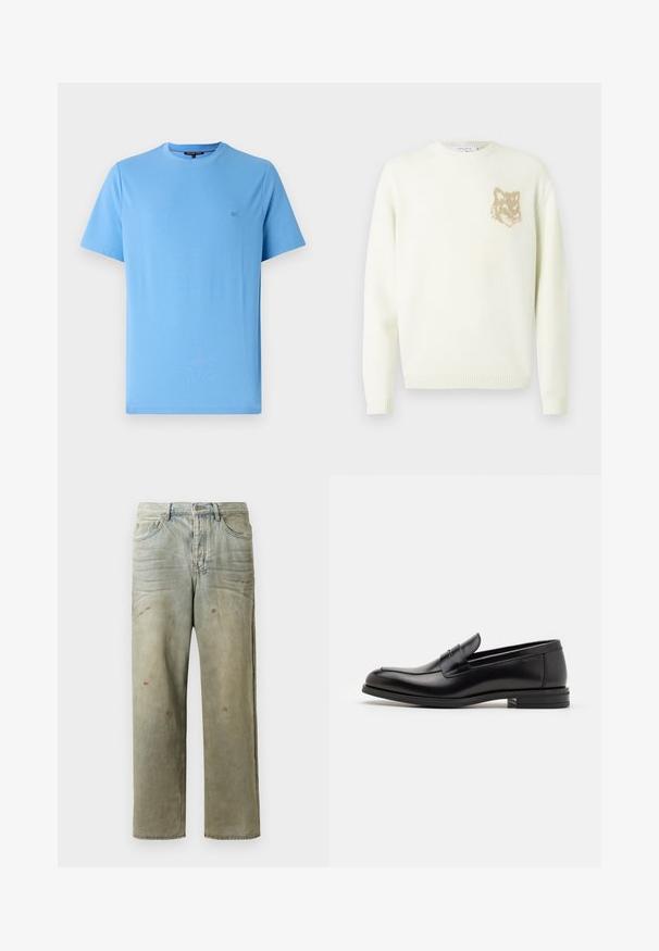 Krémový sveter s okrúhlym výstrihom, dlhými rukávmi a malou béžovou grafikou líšky na ľavej hrudi, s rebrovanými manžetami a lemovaním.; Svetlomodré bavlnené tričko s okrúhlym výstrihom, krátkymi rukávmi a malým vyšitým logom na hrudi. Hladká textúra, voľný strih.; Zničené džínsy vo svetlozelenej farbe s rovnými nohavicami, piatimi vreckami a nerovnomerným vyblednutím so škvrnami od farby.; Čierne kožené mokasíny s hladkou textúrou, zaoblenou špičkou a dekoračným pásikom cez priehlavok. Nízky vrstvený opätok, minimalistický dizajn.