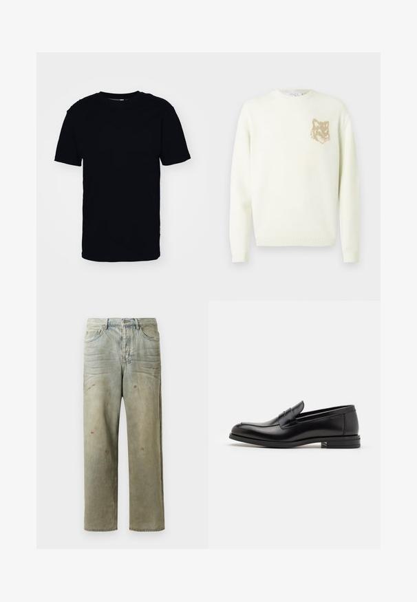Cream crewneck sweater with long sleeves and small beige fox head graphic on the left chest, ribbed cuffs and hem.; Black short-sleeve t-shirt made from cotton. Features a round neckline and a classic fit. No visible patterns or hardware accents.; Distressed denim jeans in light green, featuring a straight leg, five-pocket design, and uneven fading with paint splatters.; Black leather loafers with a smooth texture, rounded toe, and a decorative strap across the vamp. Low stacked heel, minimalist design.