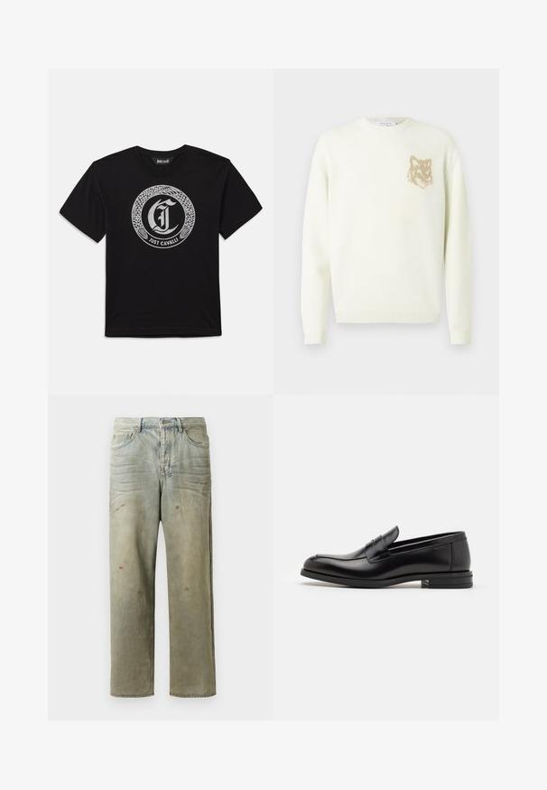 Cremefarvet crewneck sweater med lange ærmer og et lille beige rævehovedgrafik på venstre bryst, ribbede manchetter og kant.; Sort kortærmet T-shirt med et cirkulært sølvslange-design, der omslutter et gotisk bogstav "J" og teksten "Just Cavalli" nedenfor.; Slidte denimjeans i lysegrøn med lige ben, femlommerdesign og ujævn falming med malersplatter.; Sorte læderloafers med en glat overflade, rund tå og en dekorativ strop over vampen. Lav hæl med stabeldesign, minimalistisk stil.