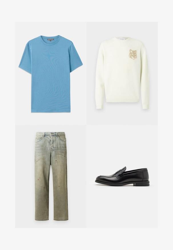 Kremkrāsas džemperis ar garām piedurknēm un mazu beigu brūnu lāču galvas grafiku kreisajā krūtīs, ribotām piedurknēm un apakšmalu.; Gaiši zils kokvilnas t-krekls ar apaļu kaklu, īsām piedurknēm un mazu izšūtu logotipu uz krūtīm. Gluda tekstūra, vienkāršs dizains.; Izsistās džinsās gaisā zaļā krāsā, ar taisnu kāju, piecu kabatu dizainu un nevienmērīgu izbalēšanu, kā arī krāsas šļakatas.; Melnas ādas kurpes ar gludu tekstūru, noapaļu purngalu un dekoratīvu siksniņu pāri priekšpusei. Zems sakrauts papēdis, minimālisma dizains.