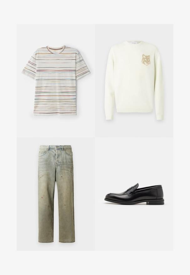 Pulover crem cu guler rotund, cu maneci lungi și un mic grafic cu cap de vulpe bej pe pieptul stâng, cu mansete și tiv din material ribat.; Tricou cu mânecă scurtă, bază crem cu dungi orizontale multicolore. Material moale, guler rotund, croială dreaptă, design minimal.; Jeans din denim uzat, de culoare verde deschis, cu un croi drept, design cu cinci buzunare, și decolorare inegală cu stropi de vopsea.; Mocasini din piele neagră cu o textură netedă, vârf rotund și o curea decorativă peste partea superioară. Toc mic, design minimalist.