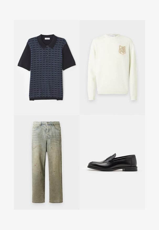 Grietos spalvos megztinis su ilgomis rankovėmis ir mažo smėlio šviesumo lapės galvos grafika ant kairiojo krūtinės, su raibais rankogaliais ir apatine dalimi.; Tamsiai mėlyna polo marškiniai su geometriniu raštu, kuris skiriasi įvairiomis mėlynos atspalviais, trumpomis rankovėmis ir klasikiniu apykakle su mygtukų uždarymu.; Šviesiai žaliai nuvarytos džinsinės kelnes, su tiesiomis kojomis, penkių kišenių dizainu, nelygiai blukščiantis ir su dažų lašeliais.; Juodos odinės loafers, turinčios lygų paviršių, apvalią noselę ir dekoratyvinę juostą per priekinę dalį. Žemas krentantis kulnas, minimalistinis dizainas.