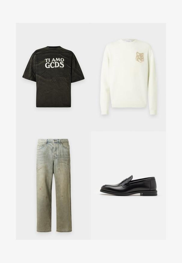 Cremefarvet crewneck sweater med lange ærmer og et lille beige rævehovedgrafik på venstre bryst, ribbede manchetter og kant.; Sort T-shirt med korte ærmer og afslappet pasform, prydet med hvid grafisk tekst "TI AMO GCDS" på ryggen. Slidt tekstur.; Slidte denimjeans i lysegrøn med lige ben, femlommerdesign og ujævn falming med malersplatter.; Sorte læderloafers med en glat overflade, rund tå og en dekorativ strop over vampen. Lav hæl med stabeldesign, minimalistisk stil.
