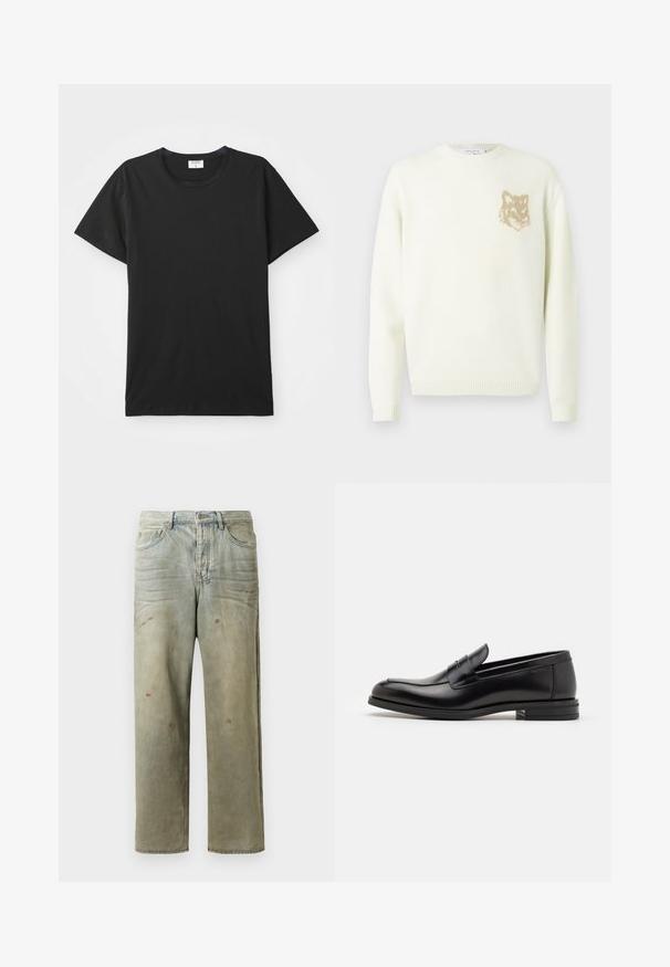 Pulover crem cu guler rotund, cu maneci lungi și un mic grafic cu cap de vulpe bej pe pieptul stâng, cu mansete și tiv din material ribat.; Tricou negru cu mânecă scurtă și decolteu rotund, realizat dintr-un material de bumbac neted. Design simplu, fără modele sau accente.; Jeans din denim uzat, de culoare verde deschis, cu un croi drept, design cu cinci buzunare, și decolorare inegală cu stropi de vopsea.; Mocasini din piele neagră cu o textură netedă, vârf rotund și o curea decorativă peste partea superioară. Toc mic, design minimalist.