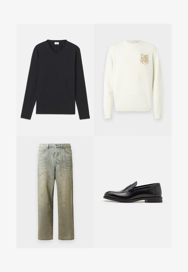 Cremfarbener Pullover mit Rundhalsausschnitt, langen Ärmeln und kleinem, beigen Fuchskopf-Graphic auf der linken Brust, gerippte Bündchen und Saum.; Schwarzes langärmliges T-Shirt mit V-Ausschnitt, aus weichem Stoff gefertigt, mit gerader Passform und ohne sichtbare Muster oder Akzente.; Distressed Denim-Jeans in Hellgrün, mit geradem Bein, Fünf-Taschen-Design und ungleichmäßiger Ausbleichung sowie Farbspritzern.; Schwarze Lederloafers mit glatter Textur, rundem Zehenbereich und einem dekorativen Riemen über dem Vorderfuß. Niedriger, gestapelter Absatz, minimalistisches Design.
