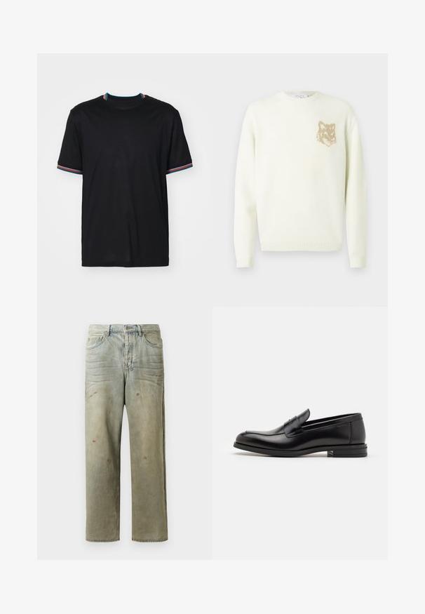 Cream crewneck sweater with long sleeves and small beige fox head graphic on the left chest, ribbed cuffs and hem.; Black short-sleeve t-shirt with a round neckline, featuring multicolored striped accents on the collar and sleeves. Soft fabric texture.; Distressed denim jeans in light green, featuring a straight leg, five-pocket design, and uneven fading with paint splatters.; Black leather loafers with a smooth texture, rounded toe, and a decorative strap across the vamp. Low stacked heel, minimalist design.